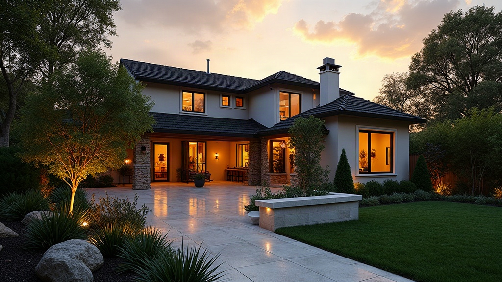 Cinematic view of a custom Southern California backyard landscape at golden hour